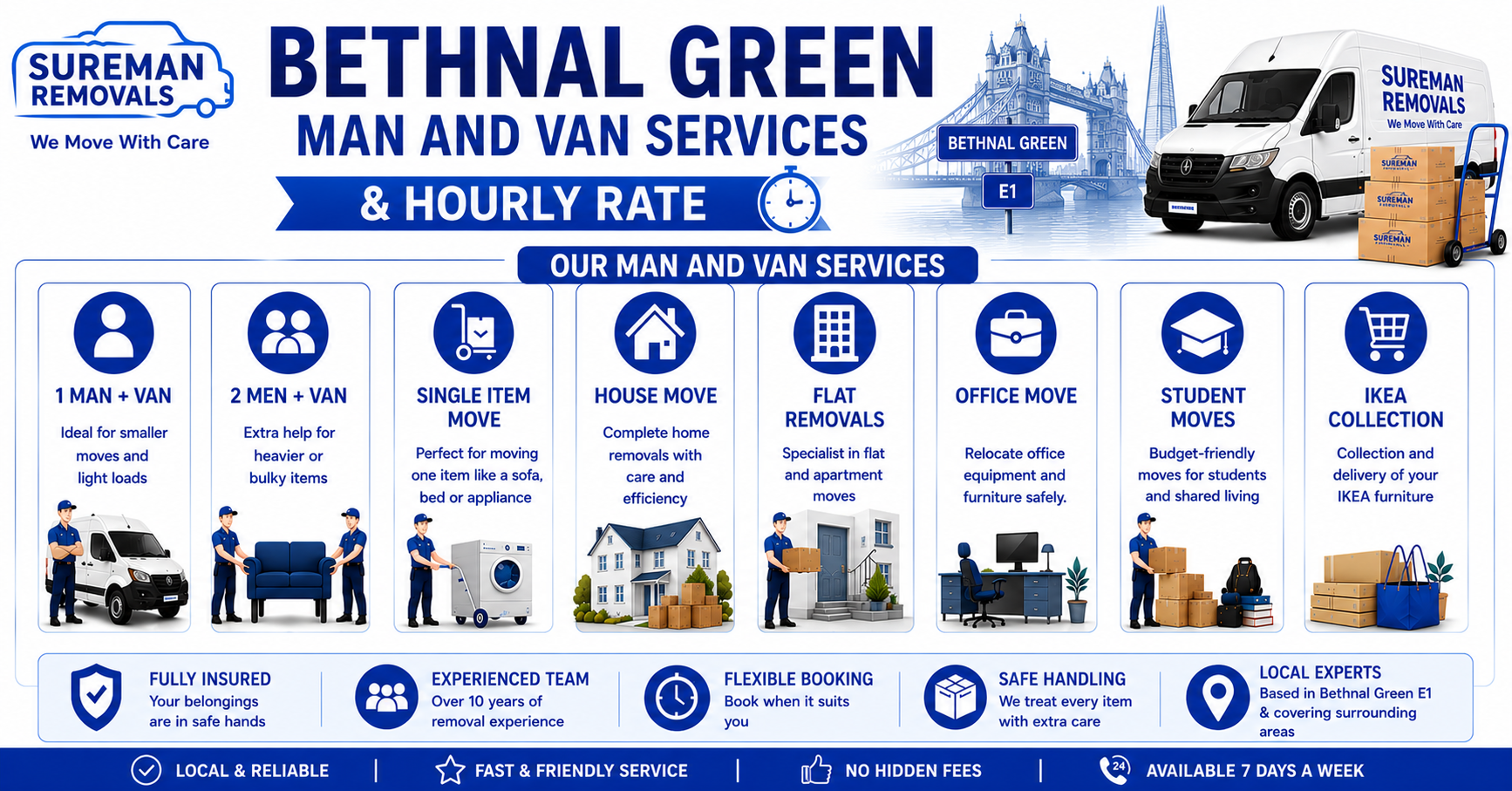 Infographic showing Man and Van services in Bethnal Green with van options and team setups