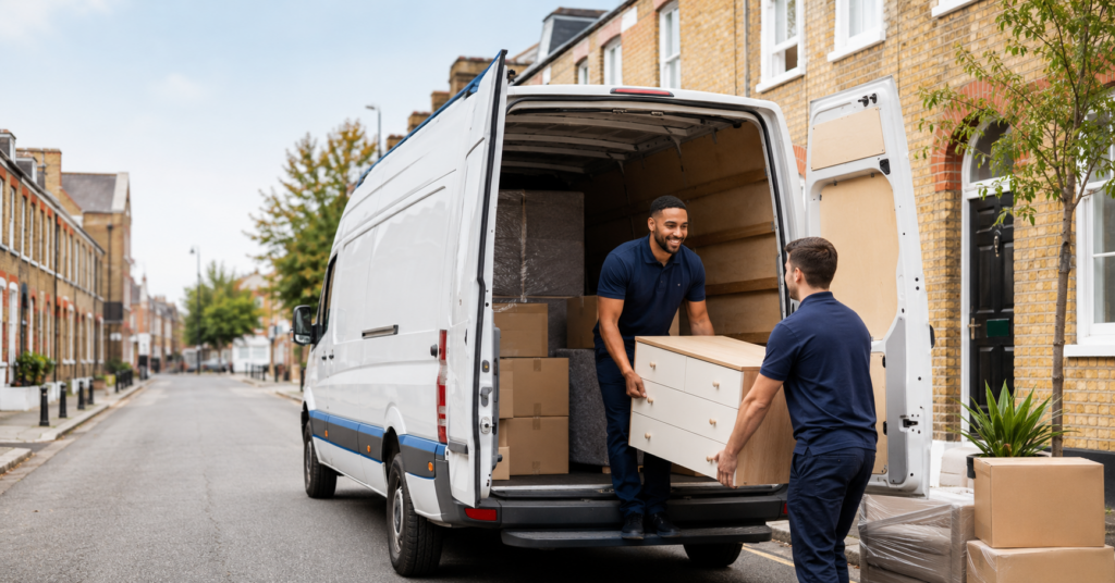Removal van in Bethnal Green with movers loading wrapped boxes and furniture into a van