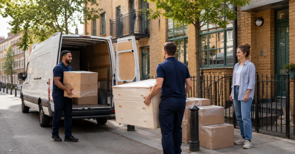 Movers carrying wrapped furniture and boxes for house and flat removals in Bethnal Green