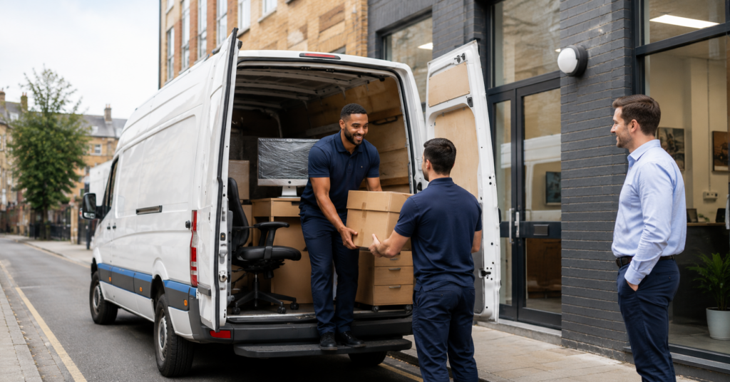 Office removals Bethnal Green team loading office boxes, chair and equipment into a removal van