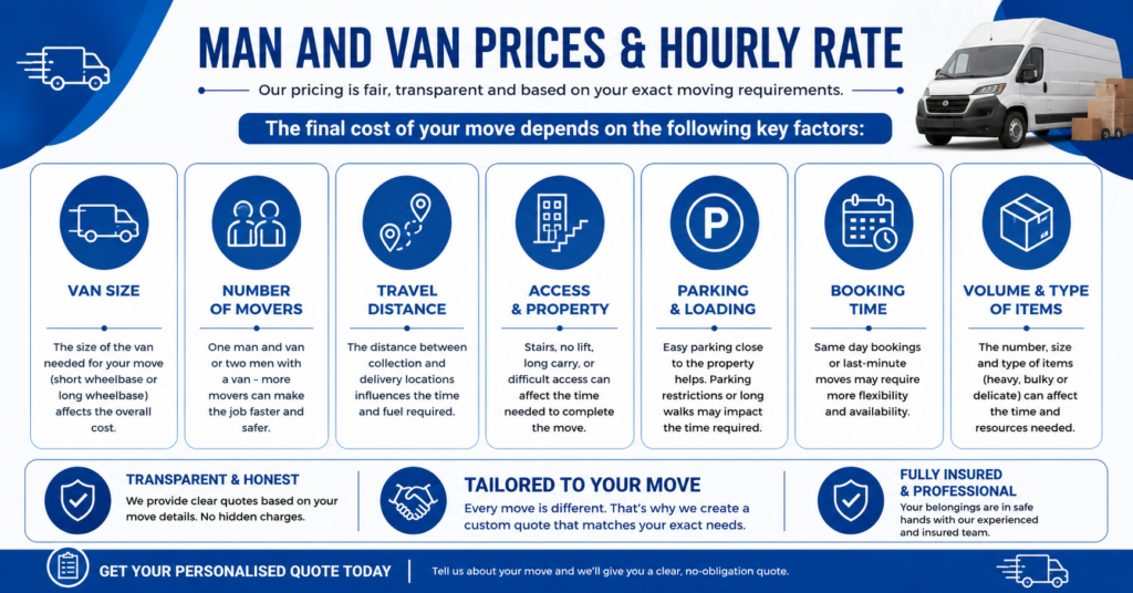 Removal Van Bromley hourly rate guide showing van size movers distance access parking and same day booking factors