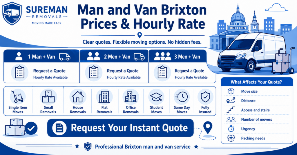 Man and Van Brixton prices and hourly rate infographic with quote factors and removal service options