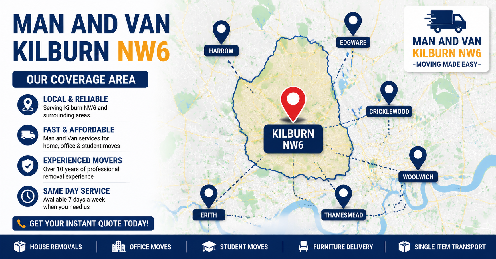 Map showing service areas for Man and Van Kilburn NW6