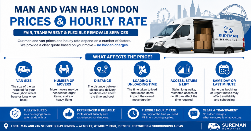 Man and van HA9 London prices and hourly rate guide infographic