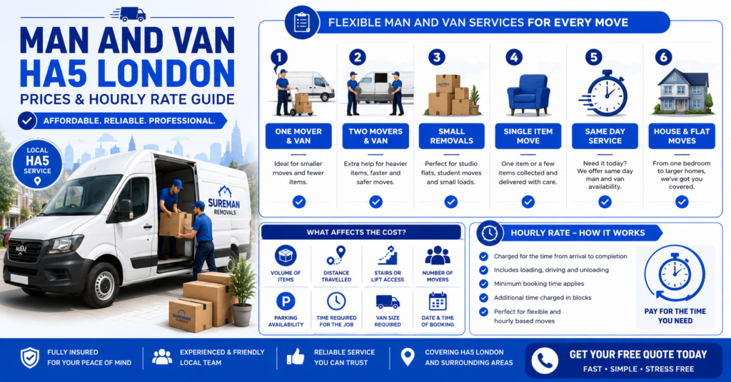 Man and Van HA5 London prices and hourly rate infographic with service options