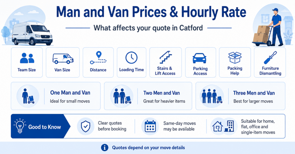 Removal van Catford prices and hourly rate factors infographic