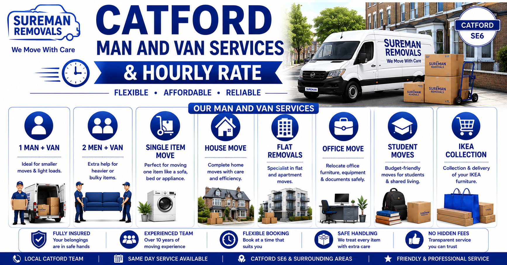 Infographic showing Man and Van Catford services with mover options and different move types