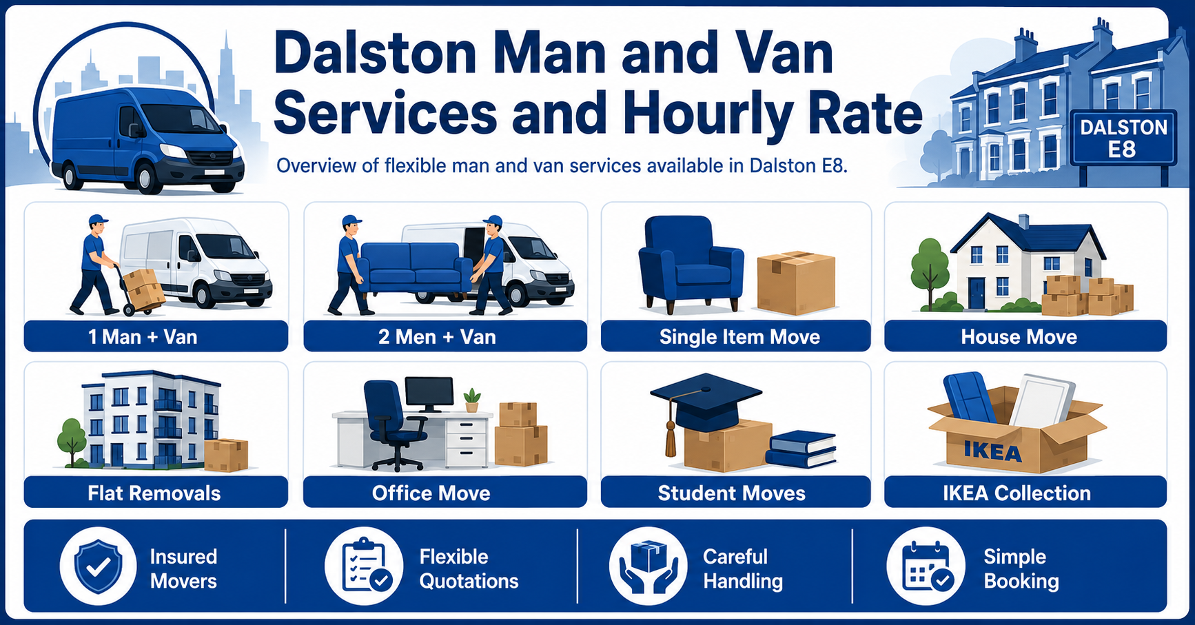 Infographic showing man and van Dalston services, moving teams, and removal options