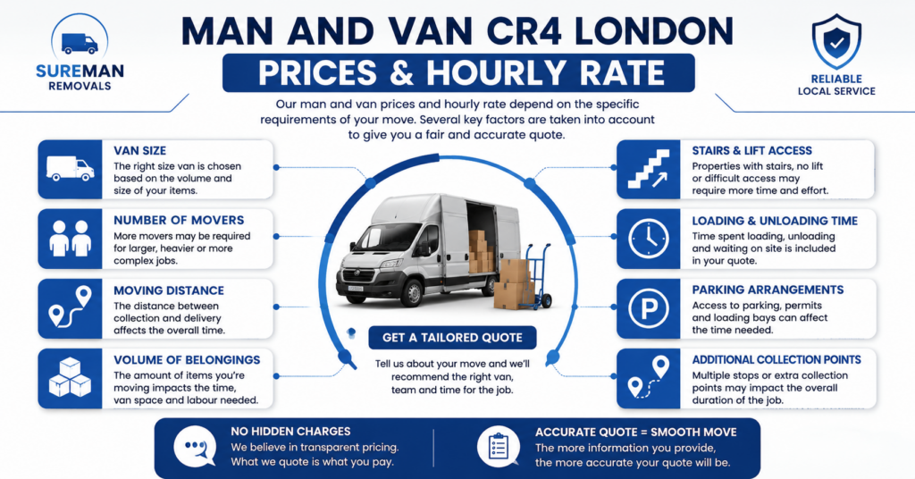 Man and Van CR4 London prices and hourly rate factors infographic