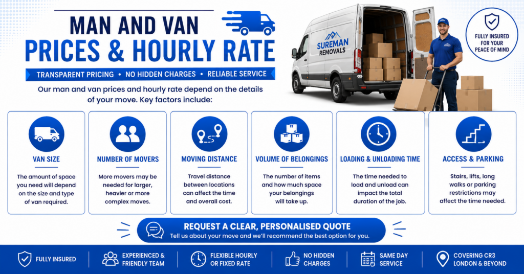 Infographic explaining factors affecting man and van CR3 London prices and hourly rates