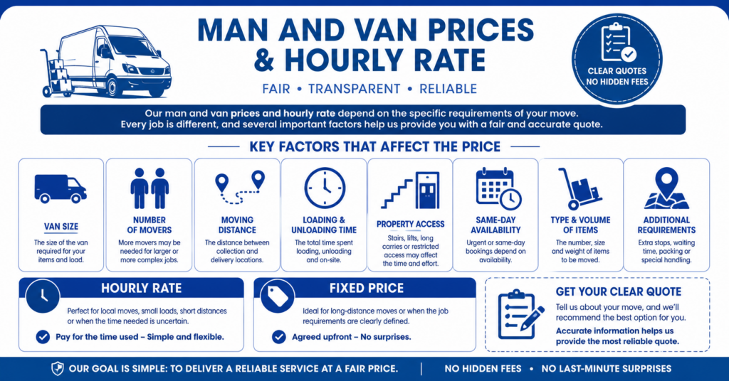 Infographic explaining Man and Van CR7 London prices and hourly rate factors