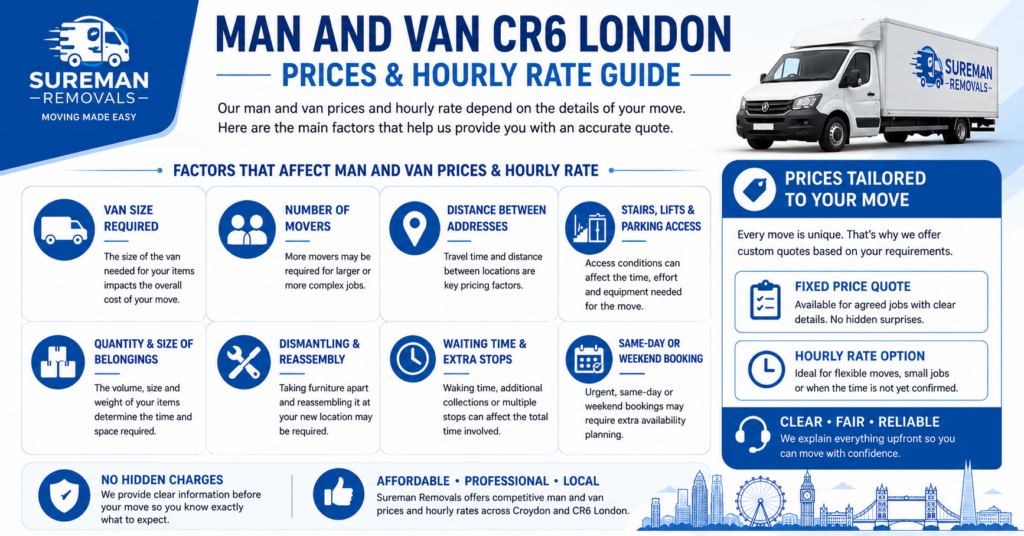 Blue and white infographic explaining man and van CR6 London prices and hourly rate factors