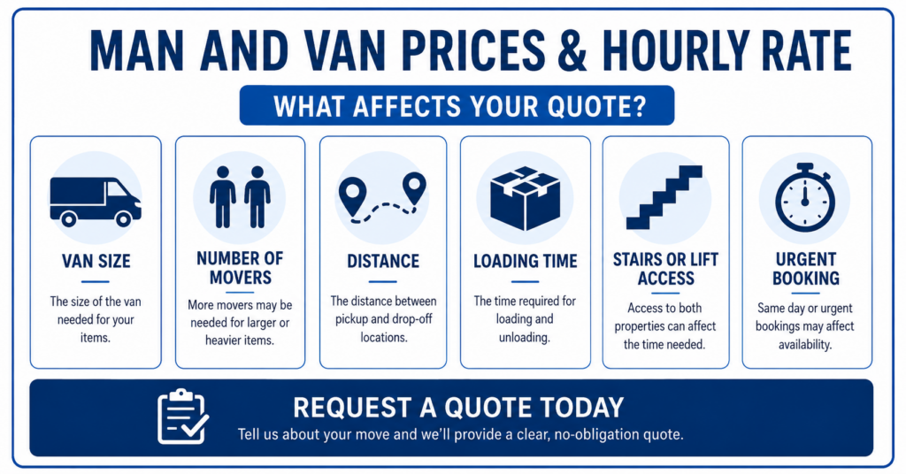 Man and Van Purley CR8 prices and hourly rate infographic showing quote factors without figures