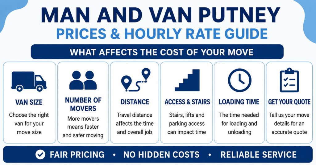Blue and white infographic explaining Man and Van Putney prices and hourly rate factors