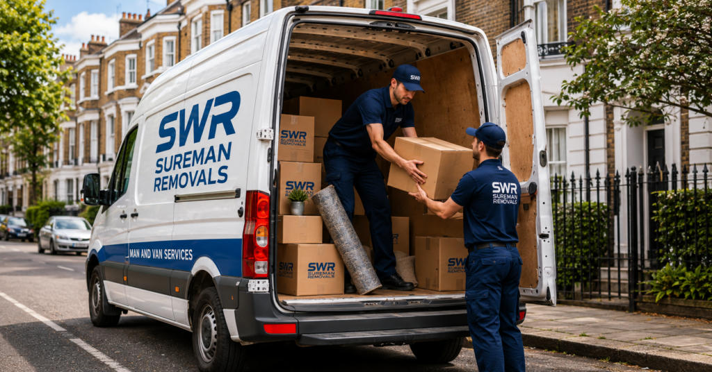 Man and Van Putney SW15 movers loading boxes into a removal van for a low-budget local move