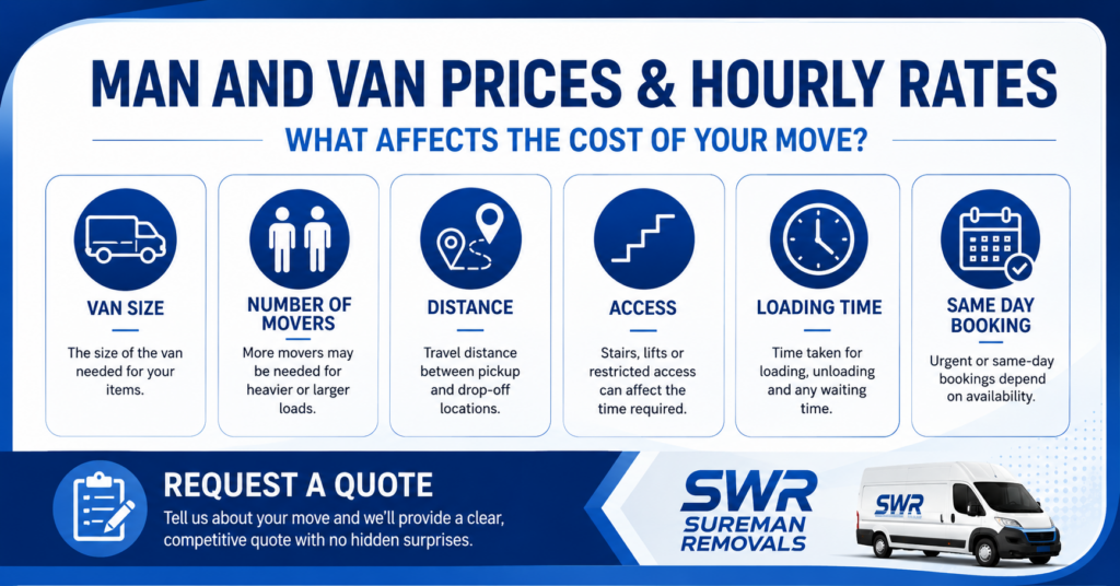 Man and Van Putney SW15 prices and hourly rate infographic showing quote factors without price figures