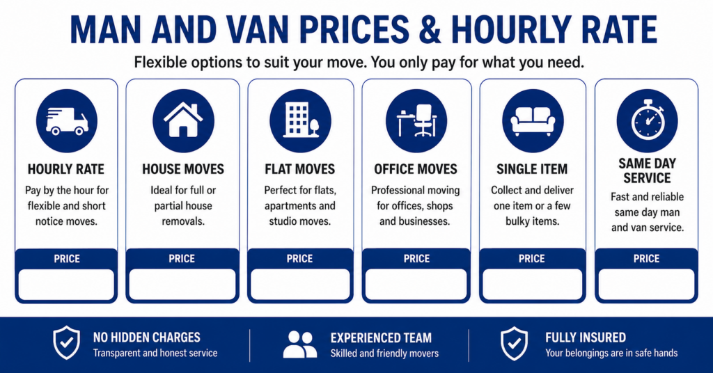Blue and white infographic for man and van Queens Park NW6 prices and hourly rate
