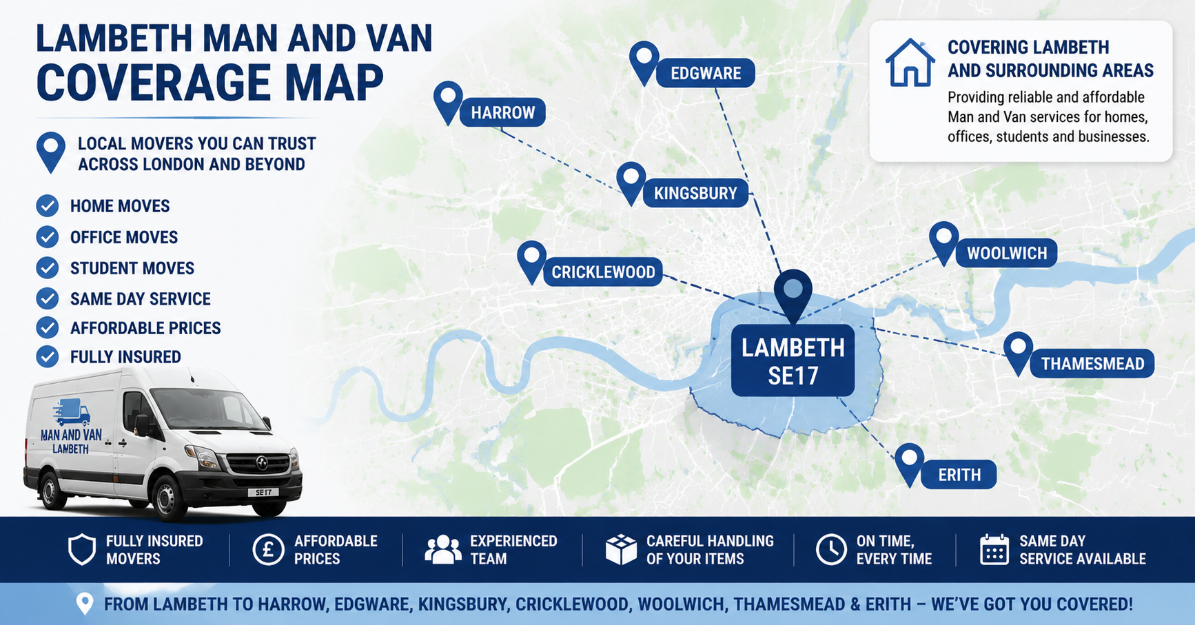 Map showing service areas for Man and Van Lambeth SE17