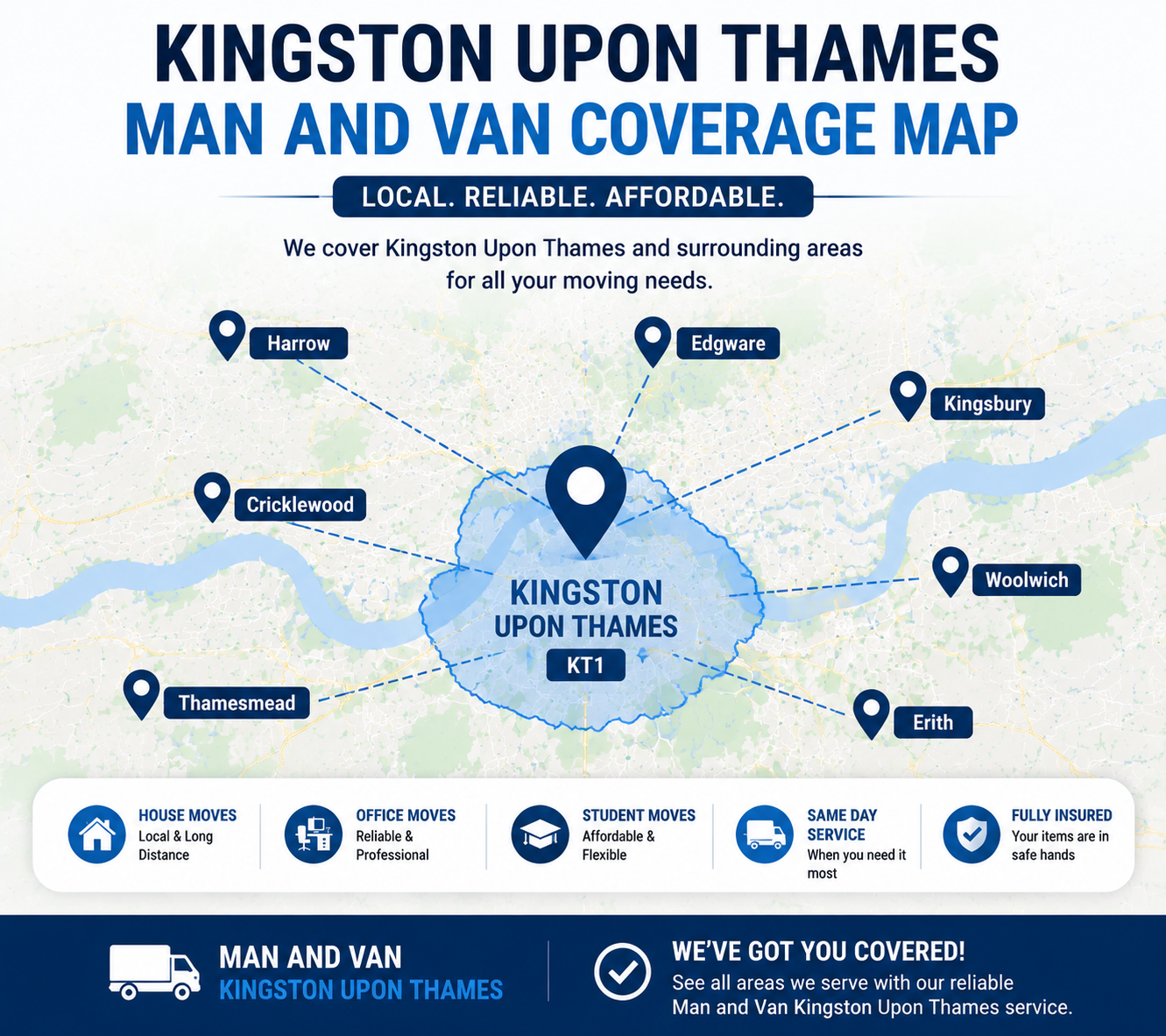 Map showing service areas for Man and Van Kingston Upon Thames