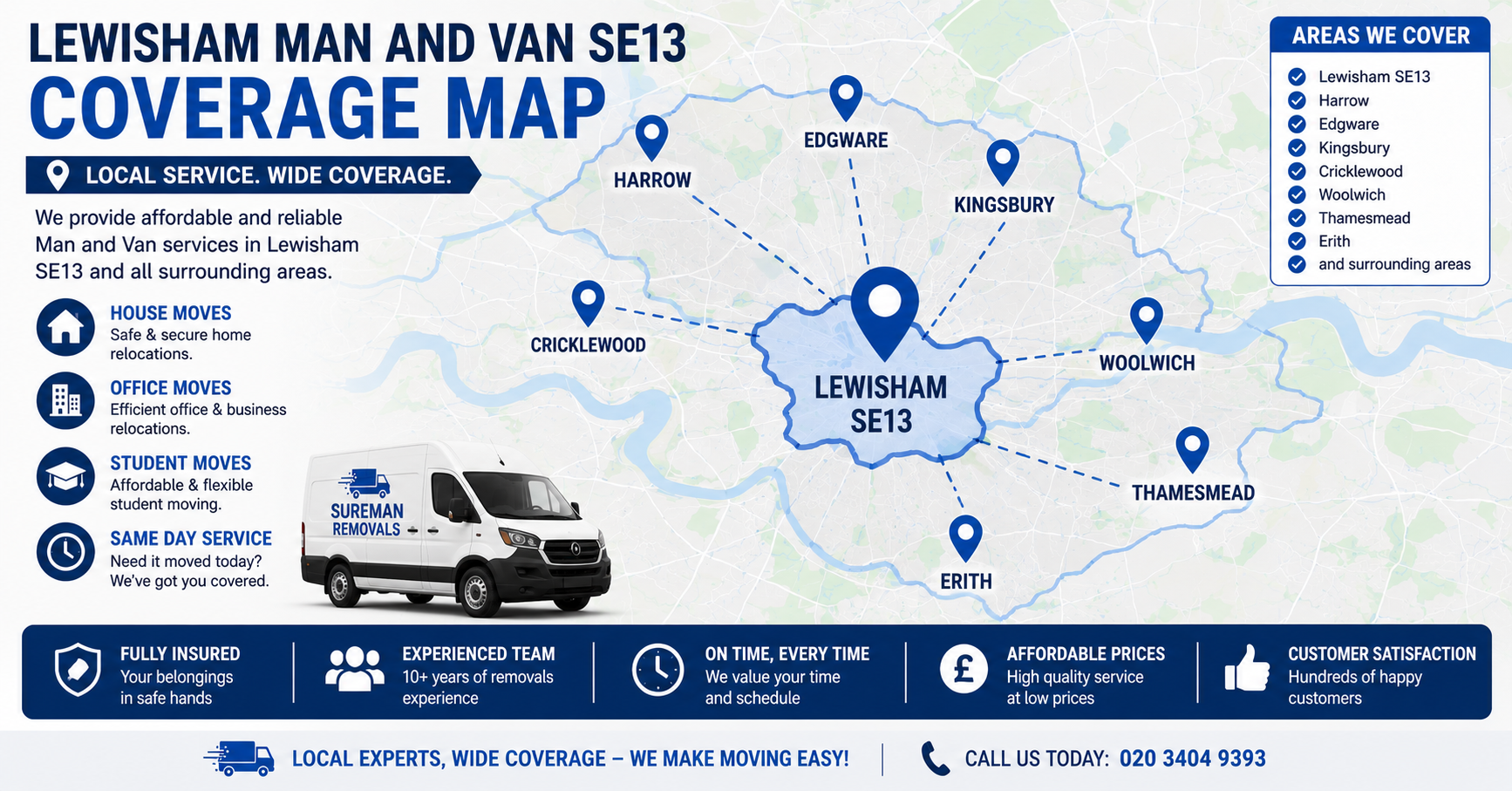 Map showing service areas for Man and Van Lewisham SE13