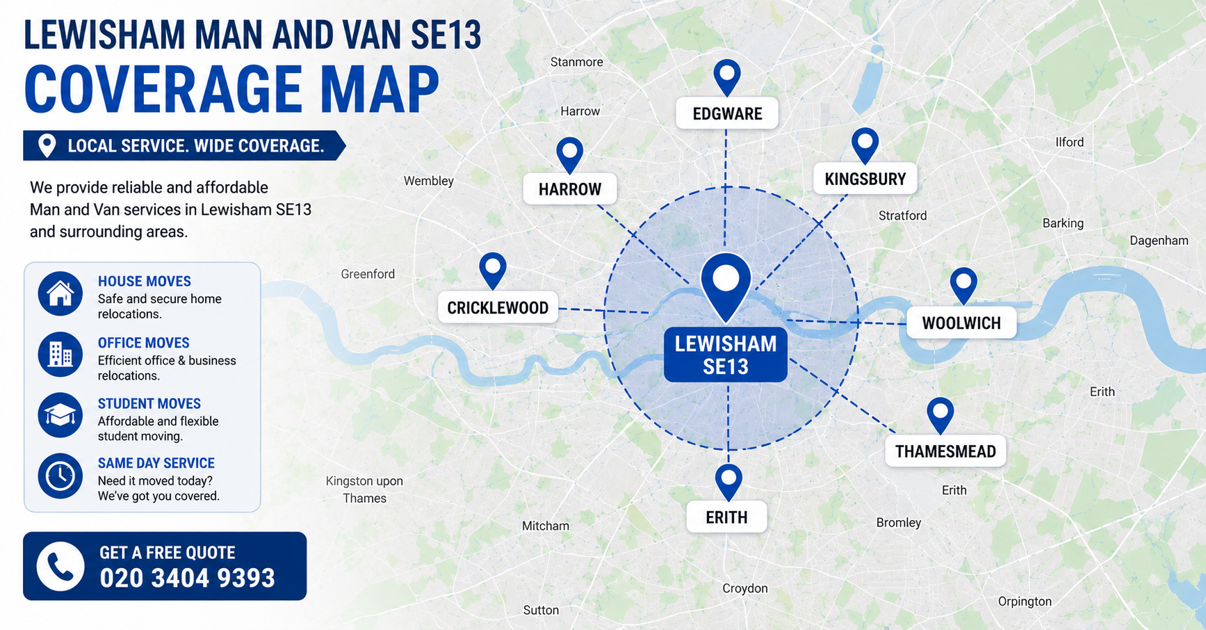 Map showing service areas for Man and Van Lewisham SE13