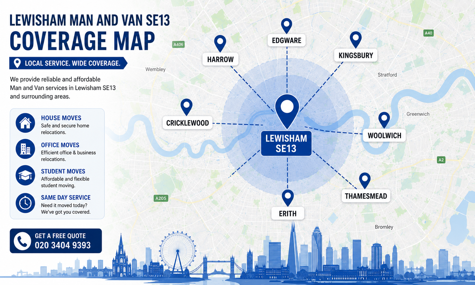 : Map showing service areas for Man and Van Lewisham SE13