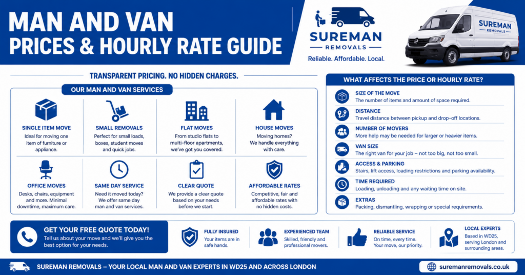 Man and van WD25 prices and hourly rate guide infographic with no figures