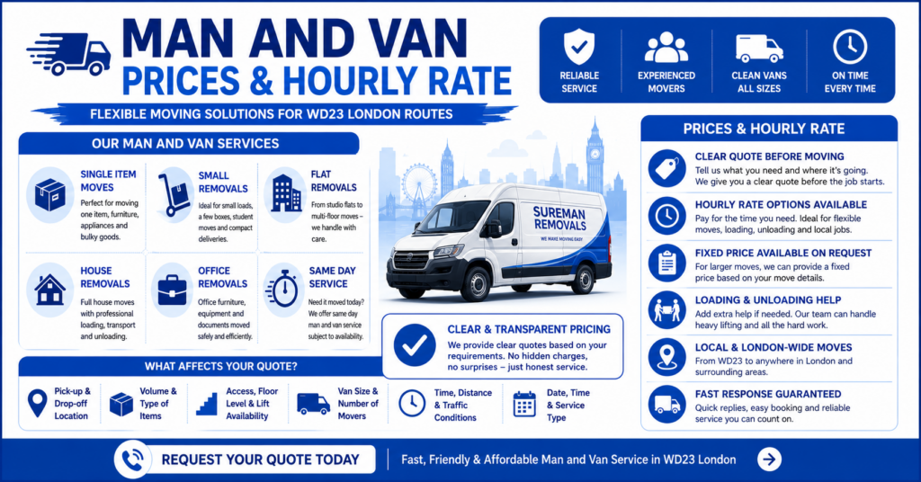 Blue and white infographic explaining man and van prices and hourly rate options for WD23 London without showing price figures