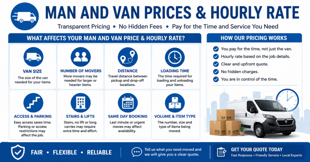 Man and van WD18 London prices and hourly rate infographic showing moving cost factors