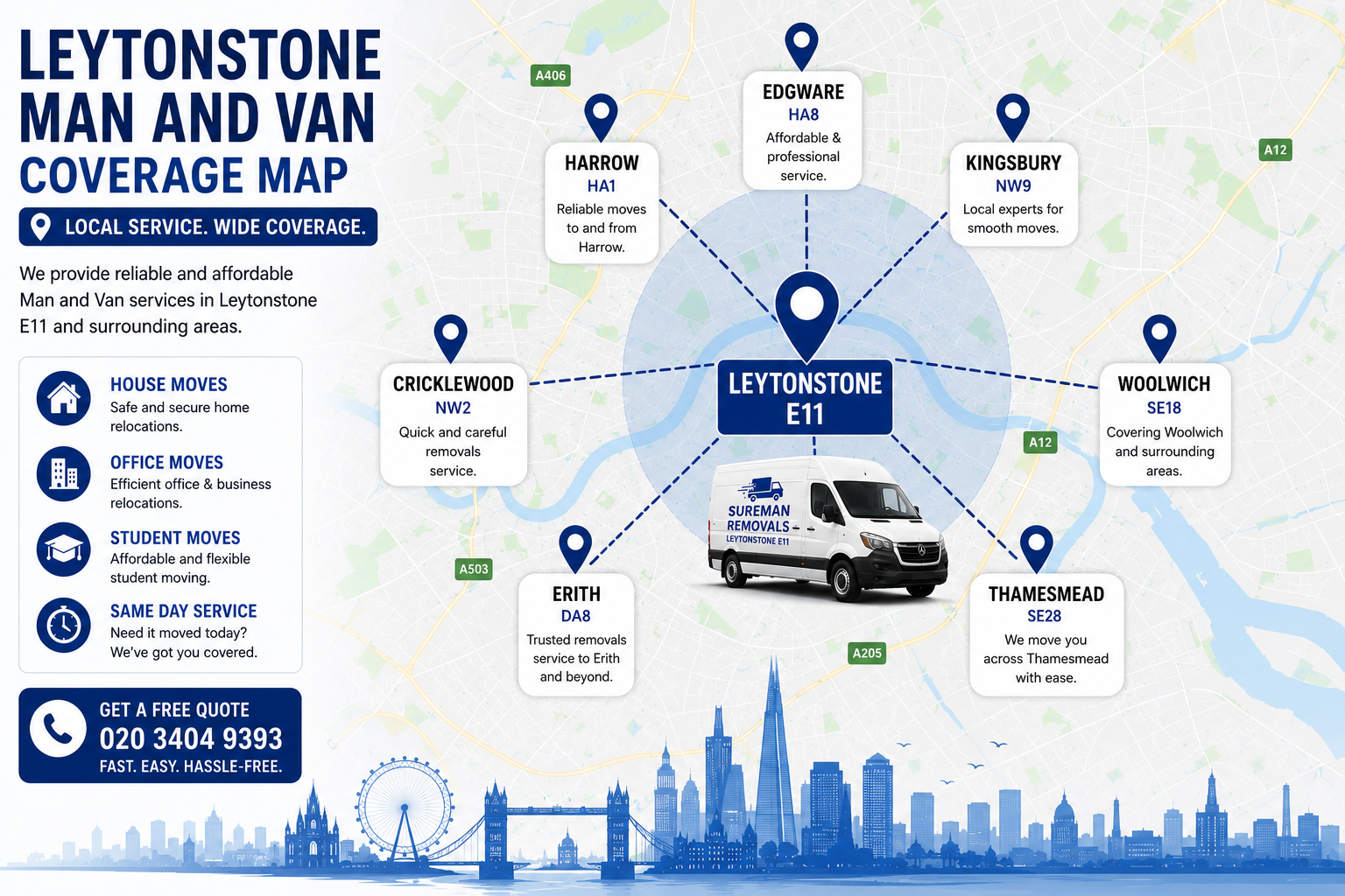 Map showing service areas for Man and Van Leytonstone