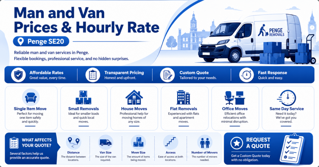 Man and van Penge prices and hourly rate infographic with no figures