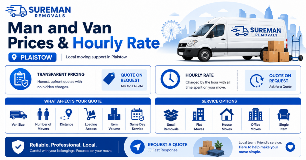 Cheap Man and Van Plaistow prices and hourly rate infographic