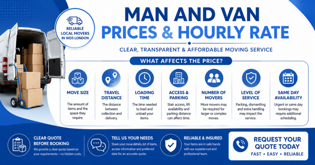 Blue and white infographic explaining Man and Van WD5 London prices and hourly rate factors