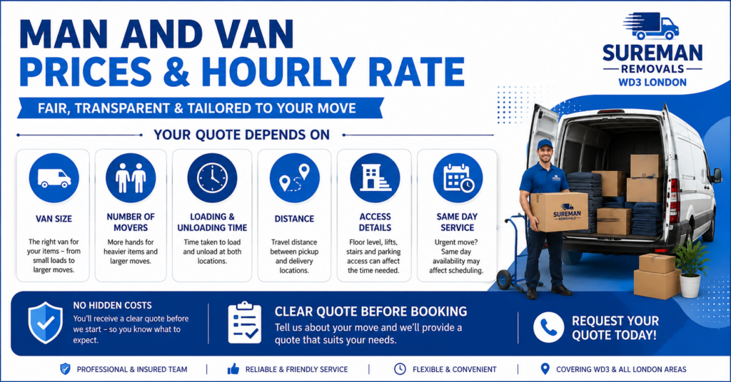 Man and van WD3 London prices and hourly rate infographic with quote factors