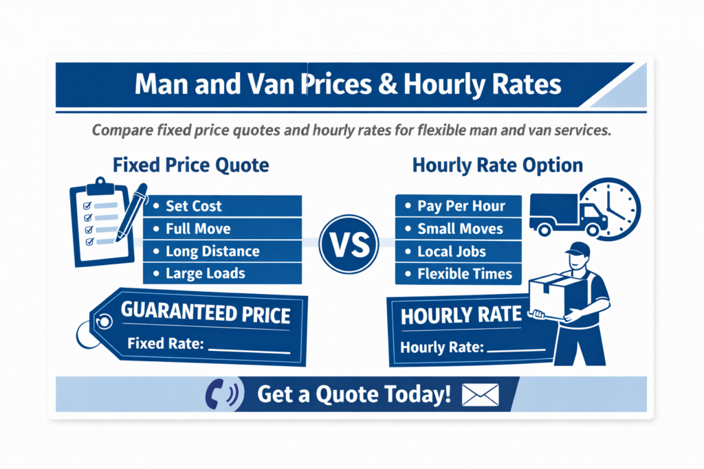Infographic showing man and van Dalston E8 hourly rate and service tiers