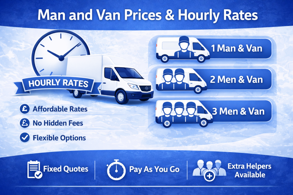 Infographic displaying man and van services and hourly rates in Chiswick W4