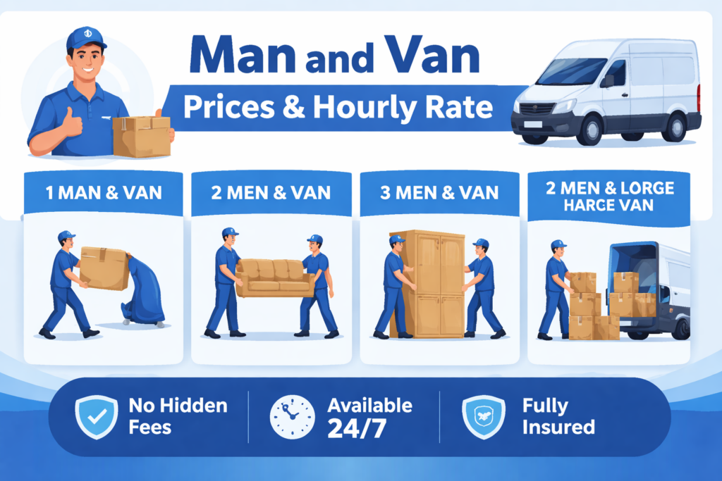 Infographic displaying man and van services and hourly rates in Rainham