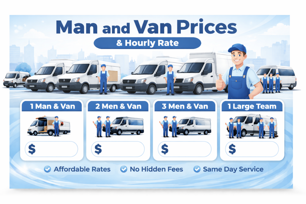 Infographic showing man and van services and flexible hourly rate options in Chelsea W2