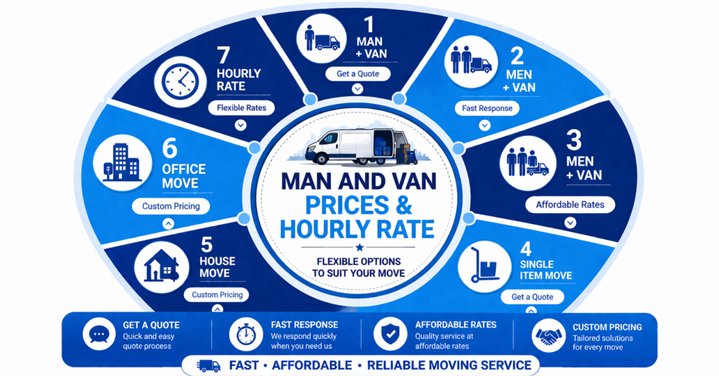 Infographic showing man and van Dalston hourly rate and service tiers
