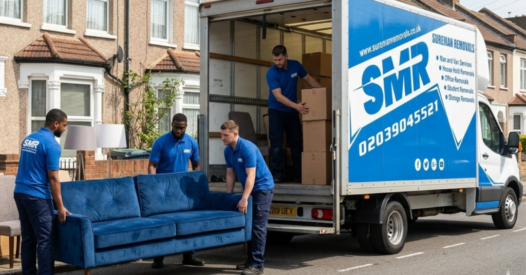 Man and Van Old Ford removal team loading wrapped boxes into a removals van