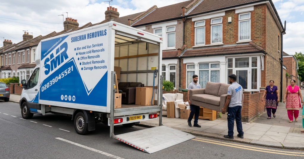 Man and Van Old Ford E3 team loading wrapped boxes into a removal van