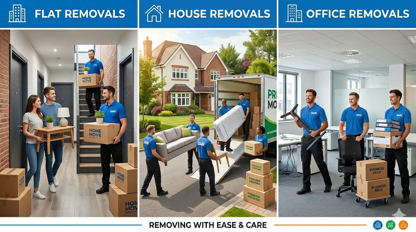 Old Ford E3 house flat and office removals with wrapped furniture and boxes