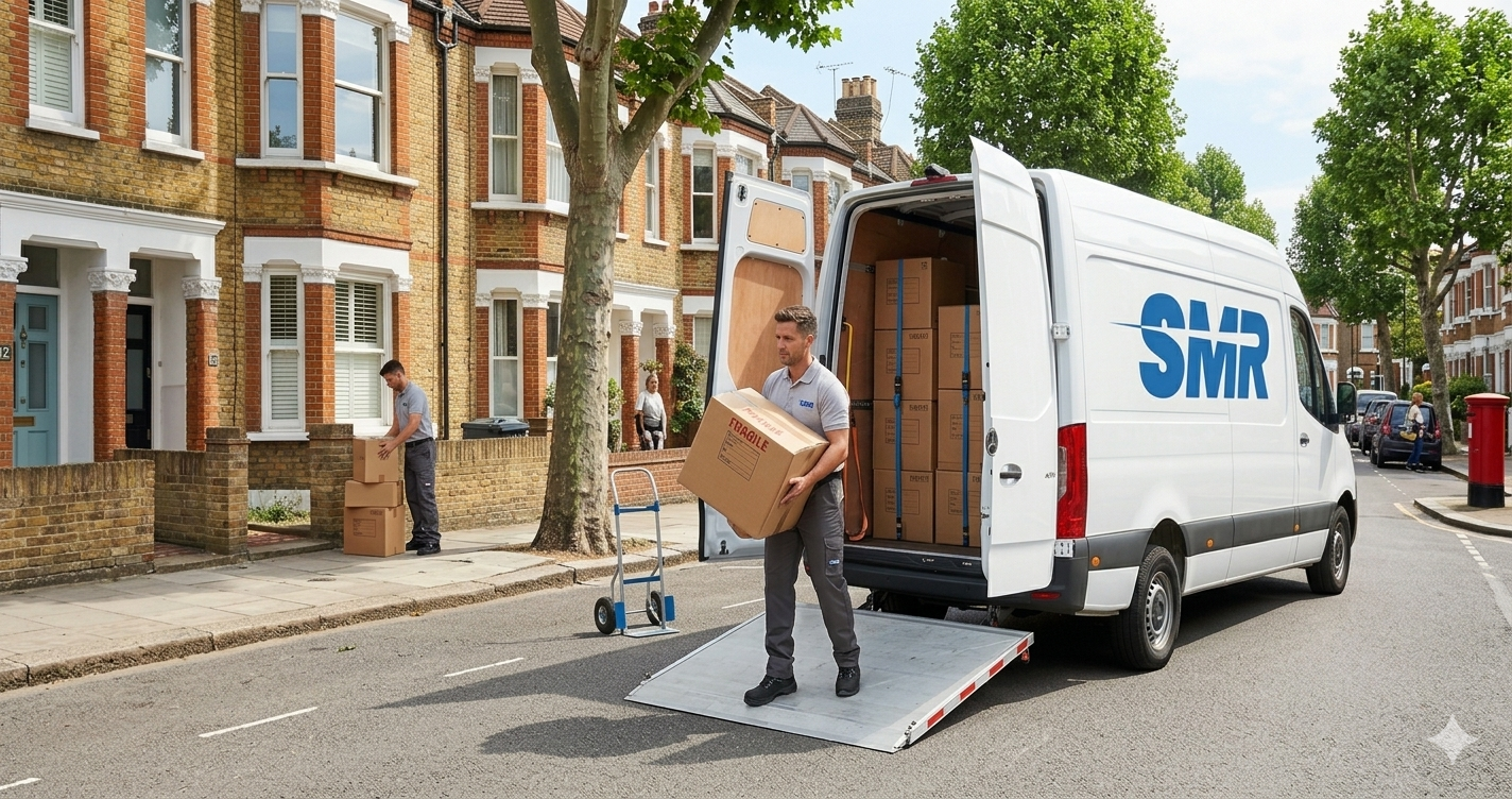 Mover loading a single item and boxed goods into a van for a small removal in Orpington