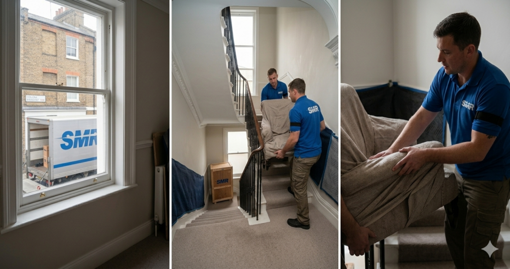 Movers handling office chairs and business boxes for an office removal in SW20 London