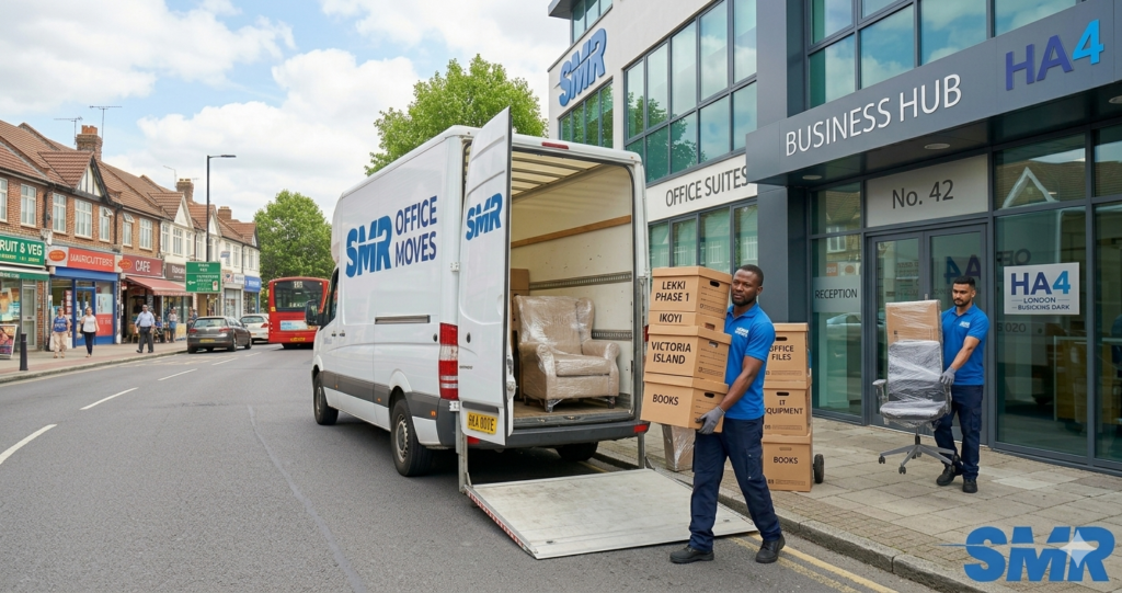 Movers transporting office furniture in HA4 London