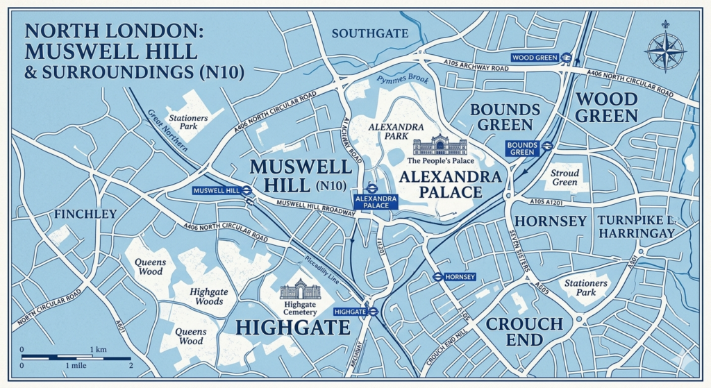 Map of Muswell Hill and surrounding North London areas served by our man and van service