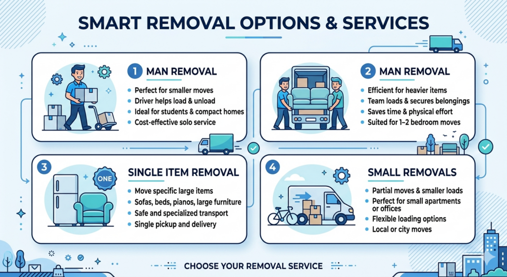 Infographic showing man and van service options in Muswell Hill (1 man, 2 men, small removals, single items)