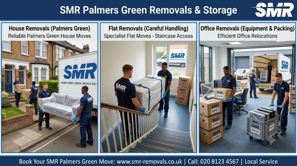Palmers Green movers handling house boxes, flat furniture and office equipment