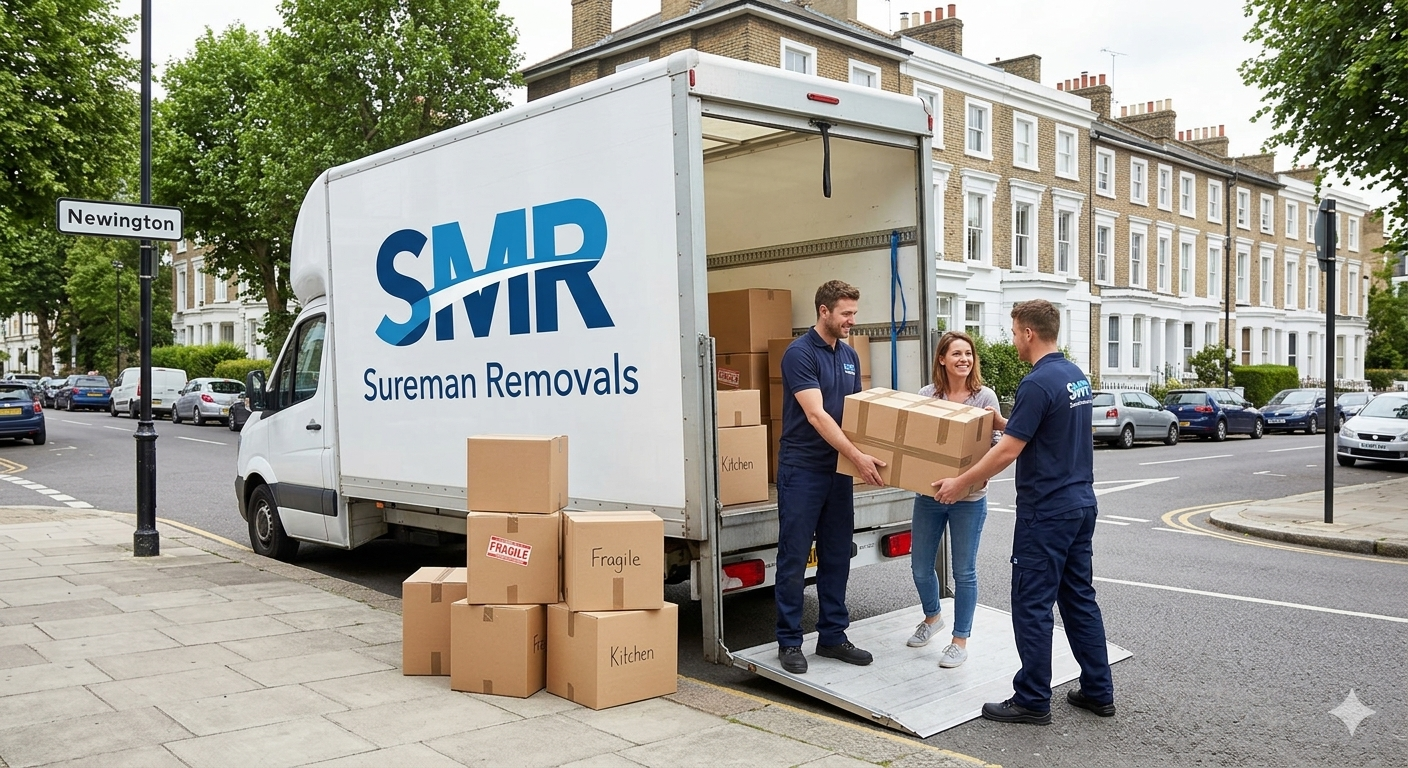 Man and Van Newington mover loading boxes into a removal van