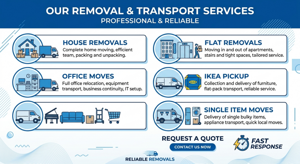 Infographic of man and van services in Newcross, including house, flat, office, IKEA, and single item moves